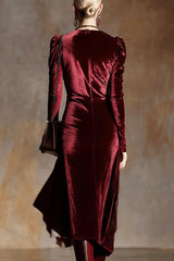 Elegant Velvet Long-sleeved Pleated Button Midi Dress