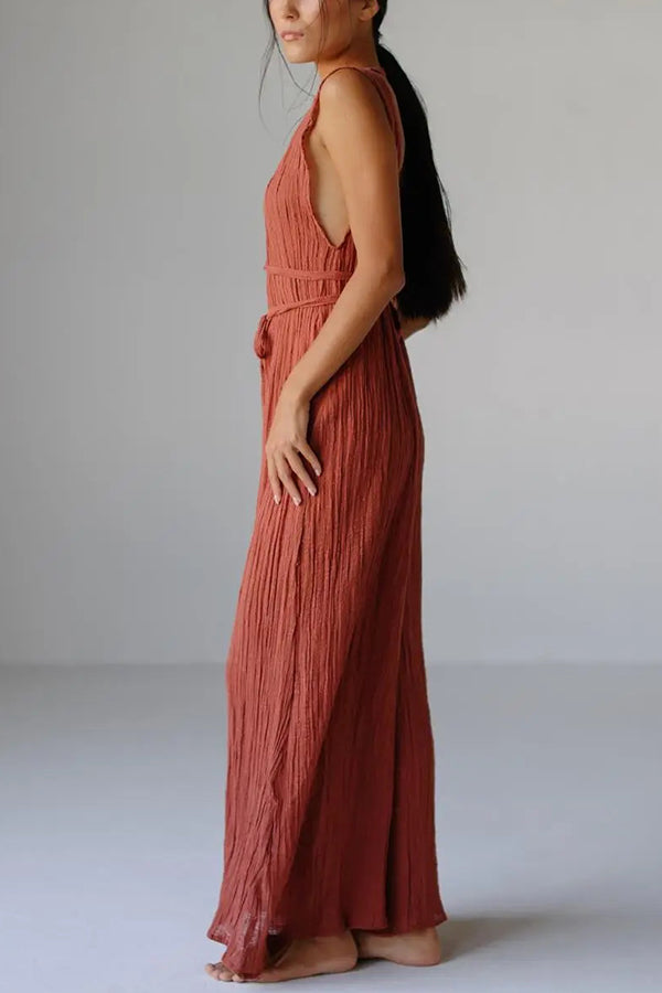 Resort Style V-neck Tie Pleated Casual Jumpsuit