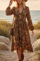 Floral Print V-neck Long-sleeved Casual Ruffle Midi Dress