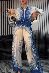 Unique Printed Casual Long-sleeved Loose Top and Elastic Waist Pocket Wide-leg Pants Set