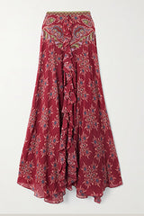 Unique Printed Chiffon Long-sleeved Loose Shirt and Elegant Ruffled Maxi Skirt Set