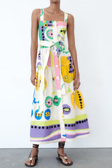 Summer Picnic Unique Print Straight Neck Button Belted Midi Dress