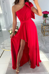 Susana Bowknot One-shoulder Ruffle Side Slit Maxi Dress