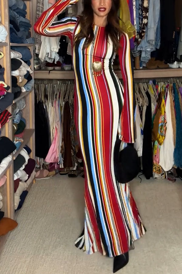 Vibrant Holiday Colorful Striped Print Extra Long Sleeve Fitted Flared Maxi Dress