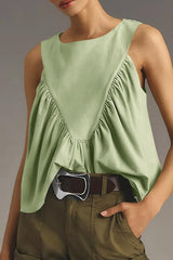 Solid Color Round Neck Sleeveless Pleated Loose Vest