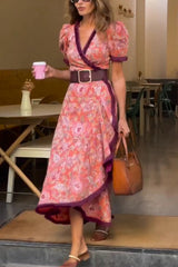 Bohemian Floral Print Elegant Puff Sleeve Holiday Maxi Dress