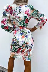 Sunshine and Roses Floral Puff Shoulder Wrap Mini Dress