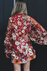 Flowers Blooming Embroidery Floral Applique Tiered Bell Sleeve Loose Mini Dress