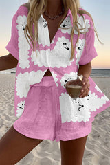 Cloud-Shaped Puppy Print Loose Button Elastic Waist Shorts Set