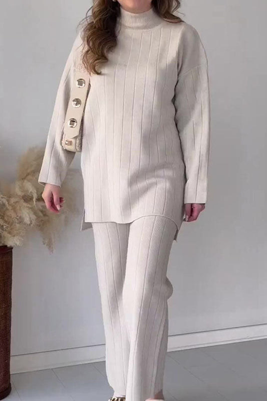 Solid Color Round Neck Long Sleeved Sweater and Elastic Waist Pants Two Piece Set