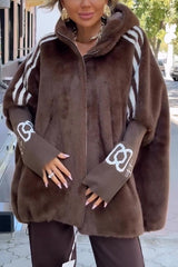 Fashion Sports Stripe Print and Ribbed Embroidered Long Sleeve Zipper Pocket Hooded Plush Coat