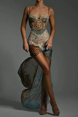 Chiffon Leopard Print Sexy Lace Splicing High Slit Slim Maxi Dress