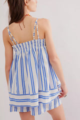 Striped Print Suspender Loose Pocket Top and Elastic Waist Casual Shorts Set