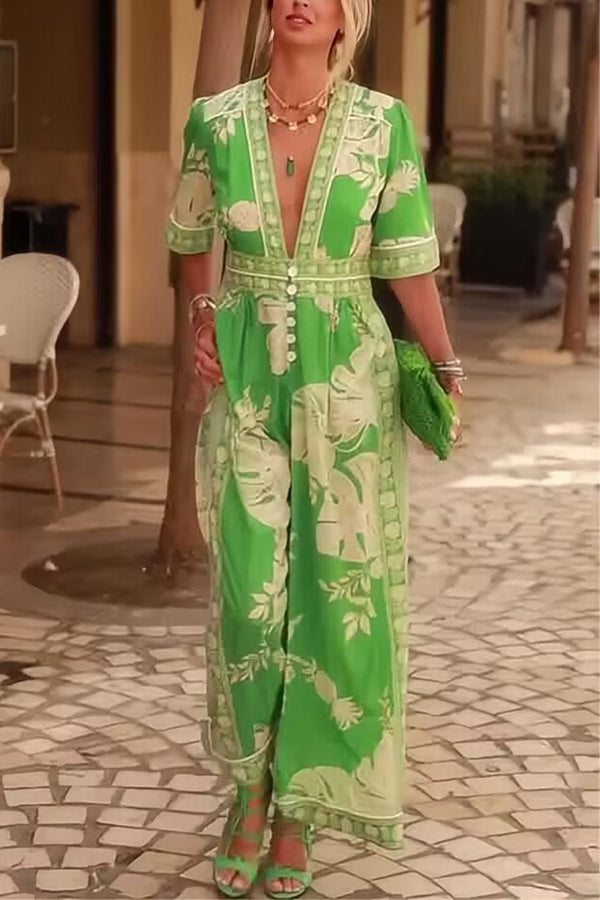 Plant Print V-Neck Short Sleeve Button Loose Pocket Jumpsuit