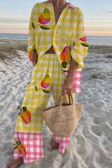 Plaid Fruit Print Oversized Shirt and Elastic Waist Pocket Pants Set