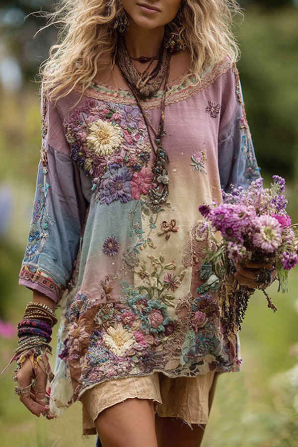 Bohemian Floral Print Round Neck Long-sleeved Loose Top