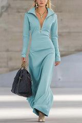 Solid Color Long-sleeved Lapel Zipper Casual Maxi Dress