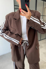 Levvie Striped Trim Long Sleeve Lapel Blazer and Rope Belt Pocketed Wide Leg Pants Set