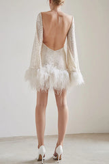 Stylish Sequined Feather Long-sleeved Sexy Backless Mini Dress