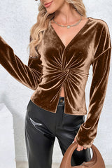 Fashionable Velvet Sequined Long-sleeved Pleated Fitted Top