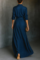 Solid Color Loose-fitting Collared Long-sleeved Shirt and Elegant Pleated Maxi Skirt Set