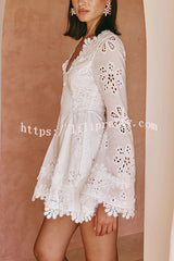 Diaz Embroidery Hollow Fabric Delicate Flower Trim Long Sleeve Side Lace-up Mini Dress