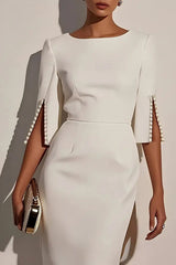 Solid Color Elegant Round Neck Half Sleeve Beaded Decorated Slim Fit Midi Dress