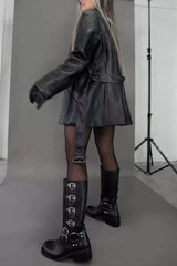 Vintage Belt Buckle Chunky Heeled Long Biker Boots