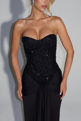 Carina Sequined and Satin Jersey Off Shoulder Ruched Knot Drape Maxi Dress