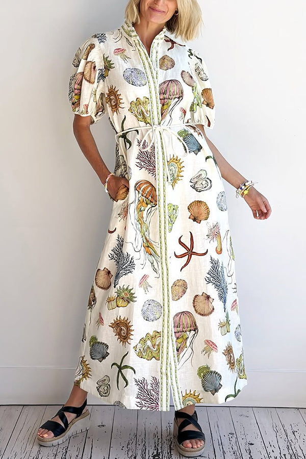 Beach Shell Print Puff Sleeve Tie-Waist Casual Midi Dress