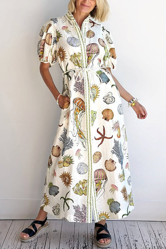 Beach Shell Print Puff Sleeve Tie-Waist Casual Midi Dress