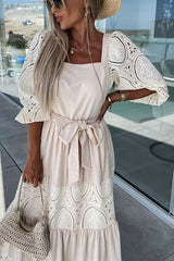 Yvonne Crochet Lace Patchwork Belted Puff Sleeve Maxi Dress