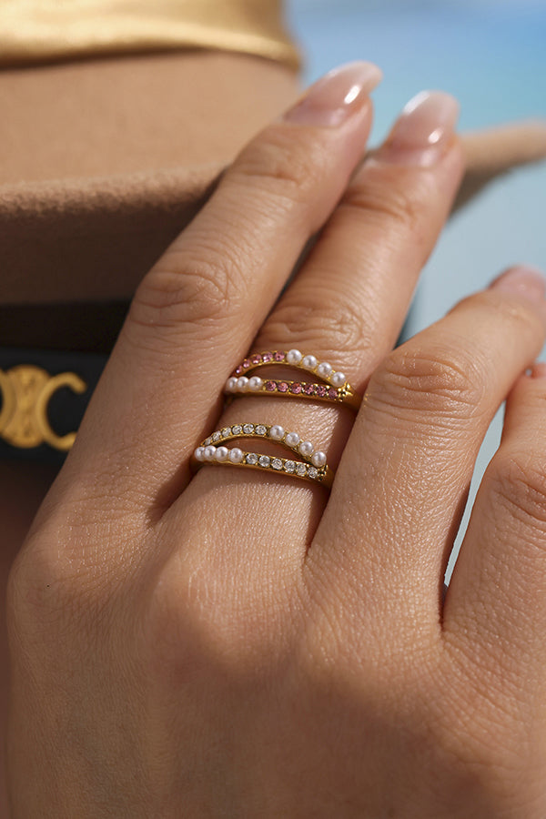 Fashionable Double-layer Inlaid Rhinestone Pearl Ring