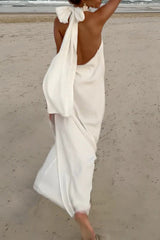 Floral Embellished Satin Halterneck Backless Resort Maxi Dress