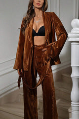 Solid Color Velvet Pleated Long-sleeved Tie Top and Casual Pocket Straight-leg Pants Set