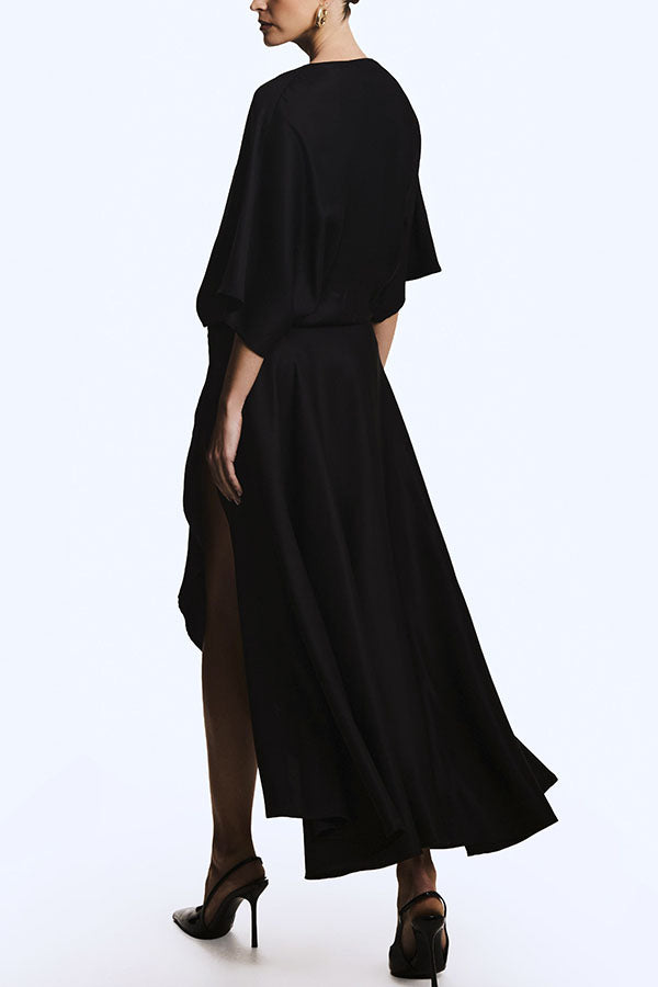 Modern and Elegant Satin Half Wide Sleeve Wrap Style Pocket Slit Loose Maxi Dress