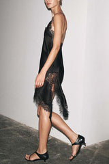 Elouise Satin Lace Trim V-neck Asymmetrical Hem Slip Mini Dress