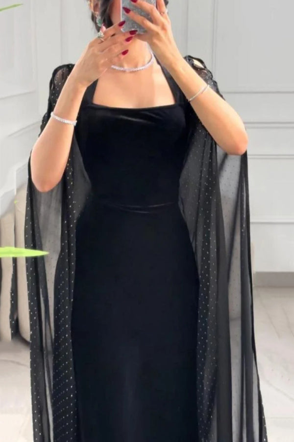 Solid Color Velvet Square Neck Slim Fit Rhinestone Maxi Dress