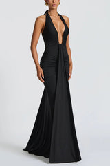 Solid Color Elegant Halterneck V-neck Open Back Tie Gathered Maxi Dress