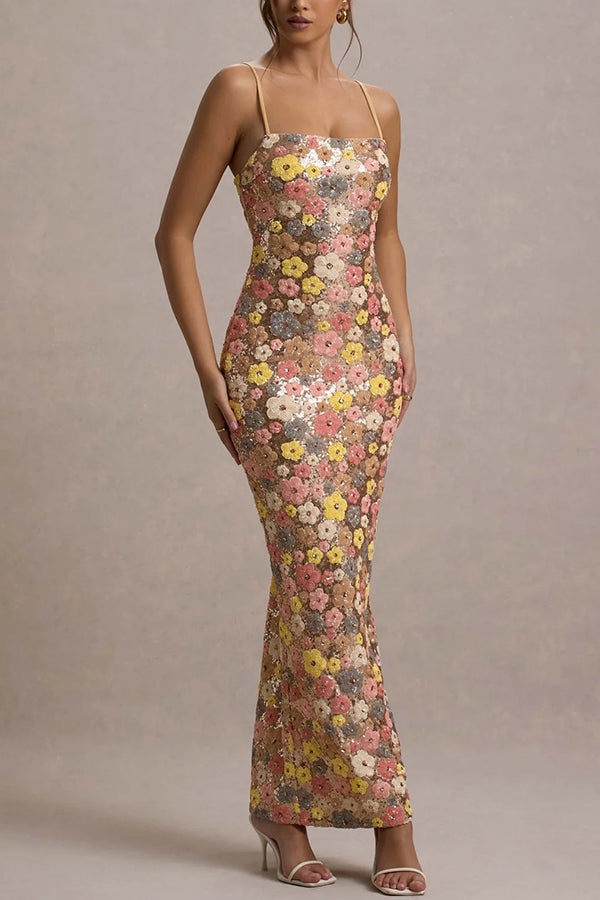 80's Inspired Floral Print Sequin Square Neck Slip Stretch Maxi Dress