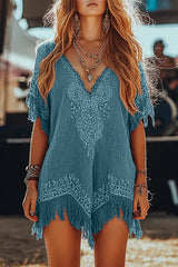 Unique Printed V-Neck Short Sleeve Fringe Loose Mini Dress