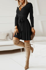 Pioe V Neck Pleated Knit Lace Up Mini Dress