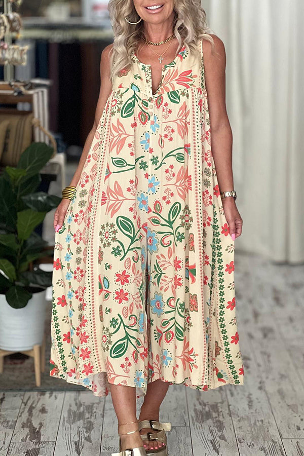 Vintage Boho Floral Print Pocketed Loose Jumpsuit