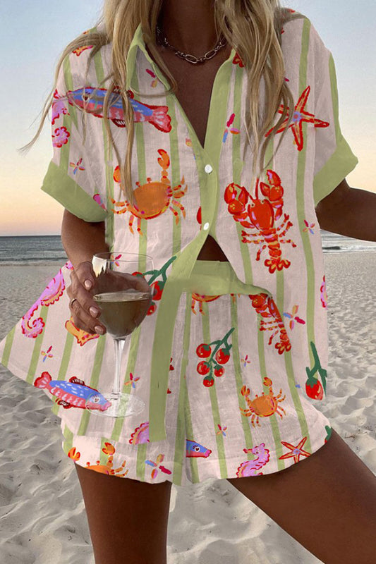 Lobster and Crab Print Loose Button Elastic Waist Shorts Set