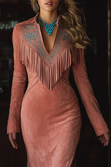 Fashionable Embroidered Floral Tassel Long-sleeved Slim-fit Maxi Dress