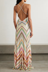 Missoni Summer Knit Colorful Herringbone Print Open Beck Maxi Dress