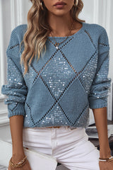 Fashionable Hollow Sequined Loose Rhombus Knitted Sweater