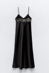Party on My Mind Sequin Satin Patchwork Slip Stretch Midi Dress