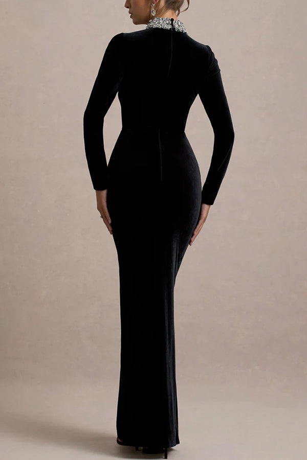 Love Lost Velvet Embellished High Neck Long Sleeve Twist Slit Maxi Dress