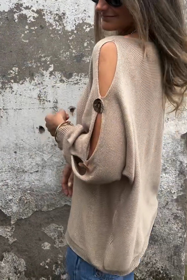 Solid Color Round Neck Hollow Long Sleeve Loose Knitted Sweater